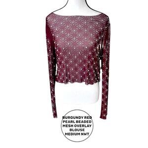 FADED ROSE BURGUNDY LONG SLEEVE MESH PEARL BEADED BLOUSE FADED ROSE  MEDIUM NWT.